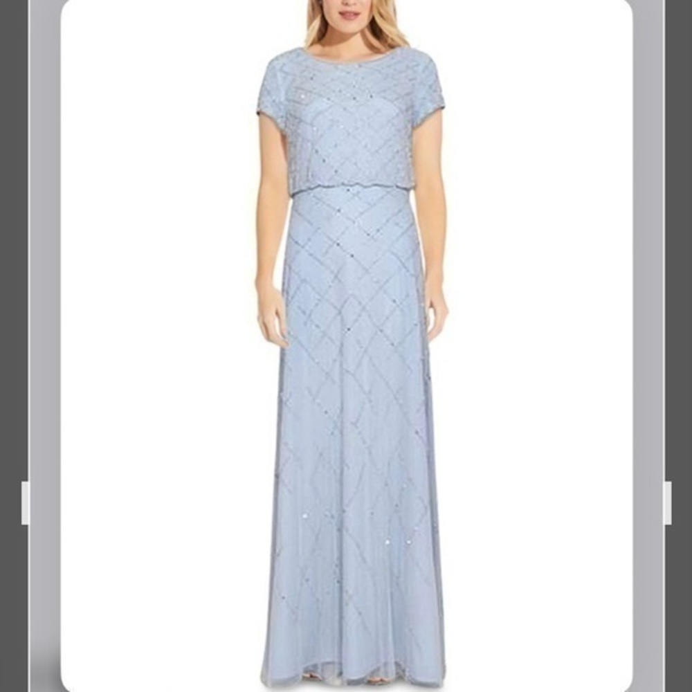 ADRIANNA PAPELL Beaded Blouson Gown in Glacier Blue